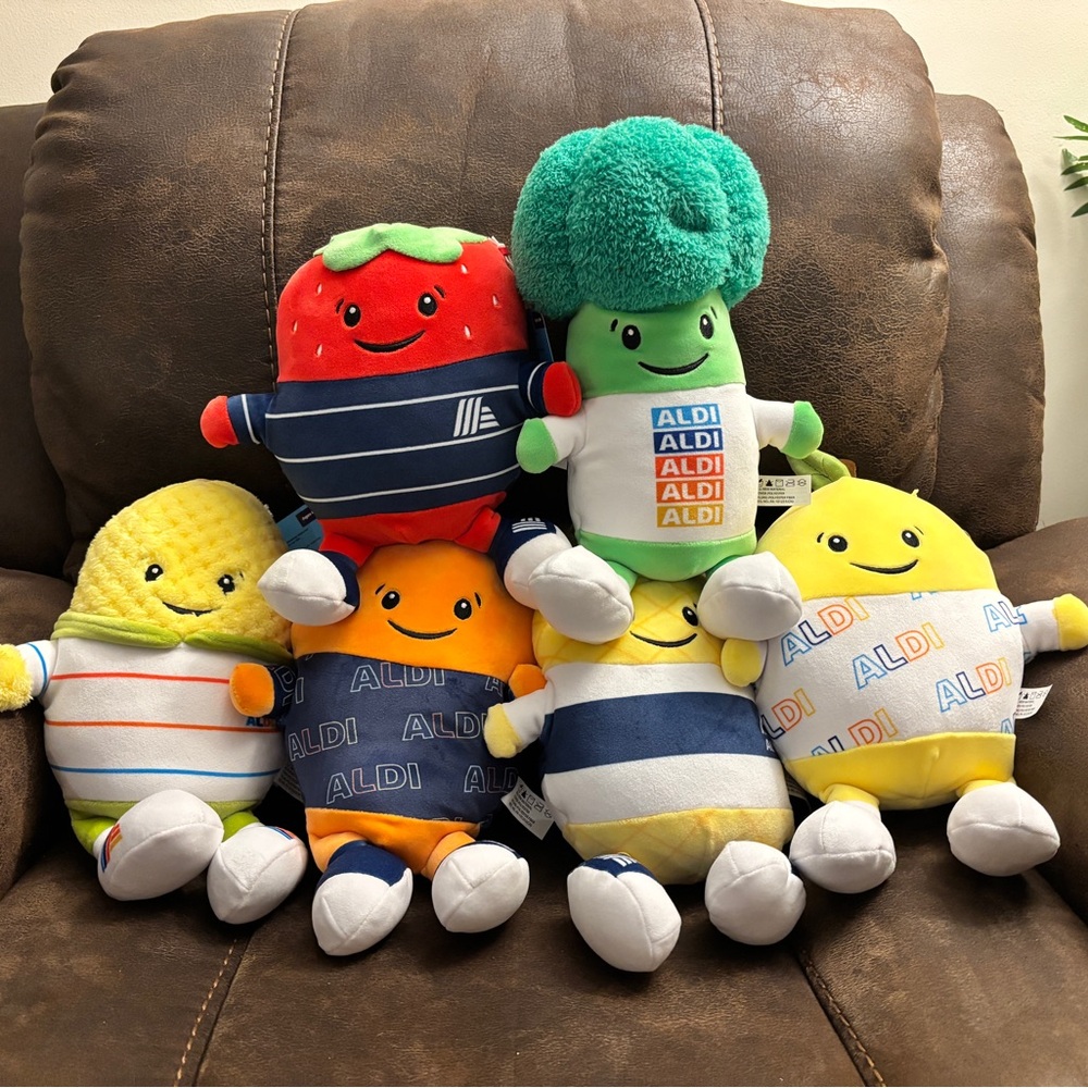 Set of 6 Aldi Plush Produce Crew - Colorful Fruit and Veggie Friends